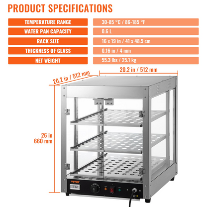 VEVOR 3-Tier Commercial Food Warmer Countertop Pizza Cabinet with Water Tray