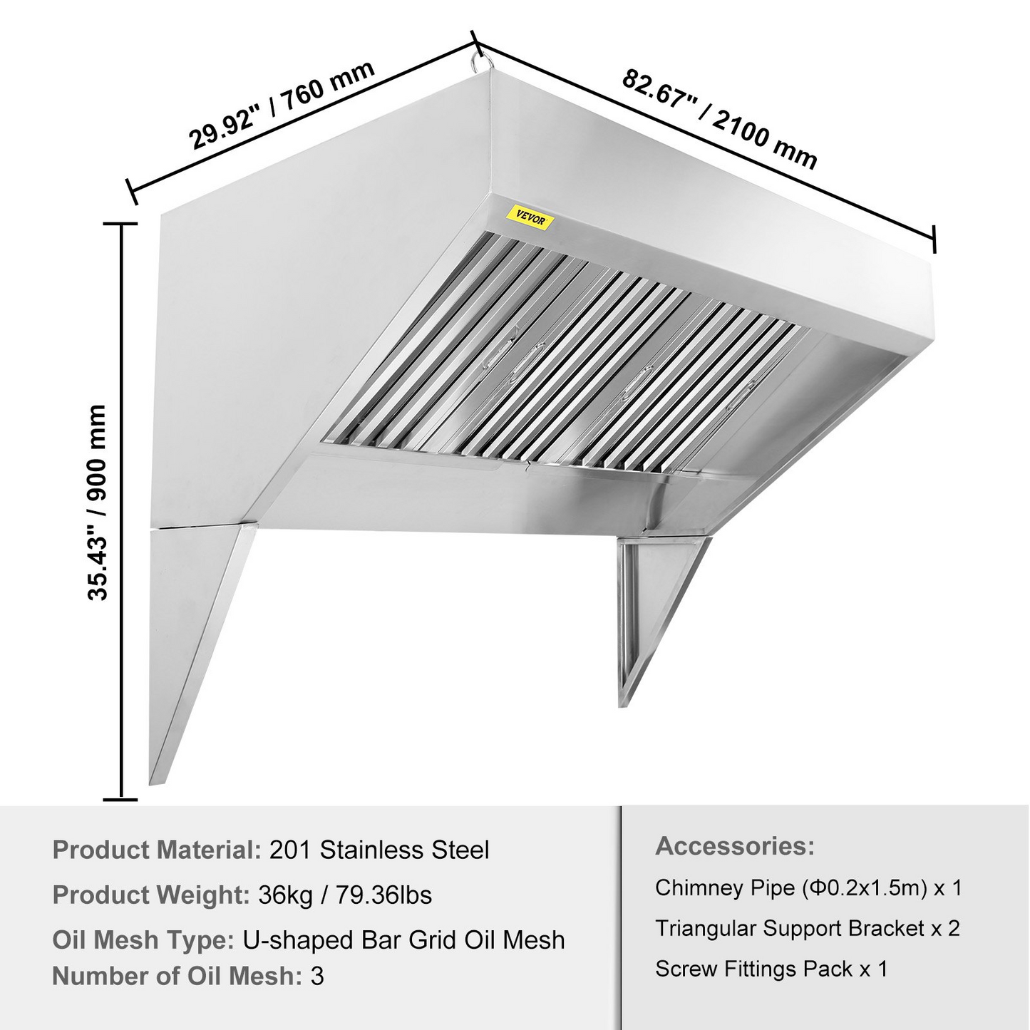 VEVOR Commercial Exhaust Hood, 7FT Food Truck Hood Exhaust, 201 Stainless Steel Concession Trailer Hood with 3 Detachable U-shaped Grid Oil Filter Mesh, Rust Resistant Vent Hood for Kitchen Restaurant