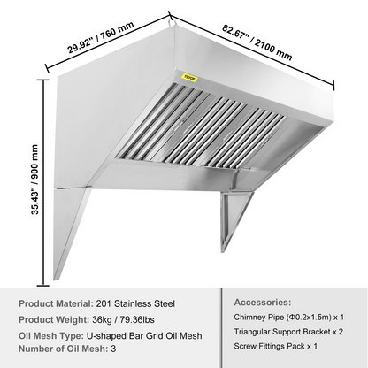 VEVOR Commercial Exhaust Hood, 7FT Food Truck Hood Exhaust, 201 Stainless Steel Concession Trailer Hood with 3 Detachable U-shaped Grid Oil Filter Mesh, Rust Resistant Vent Hood for Kitchen Restaurant