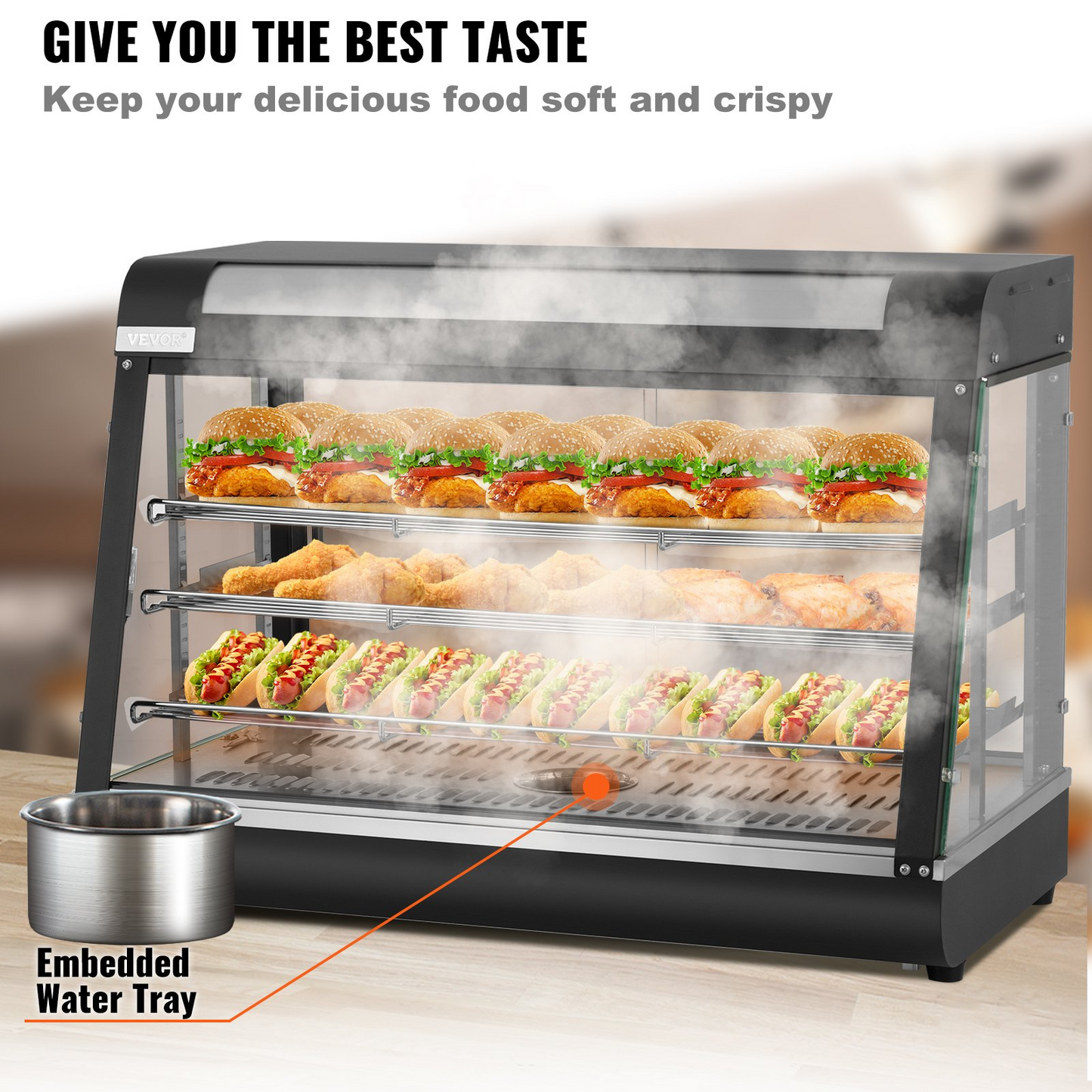 VEVOR Commercial Food Warmer Display, 3 Tiers, 1800W Pizza Warmer w/ 3D Heating 3-Color Lighting Bottom Fan, Countertop Pastry Warmer w/Temp Knob Display 0.6L Water Tray, Stainless Frame Glass Doors