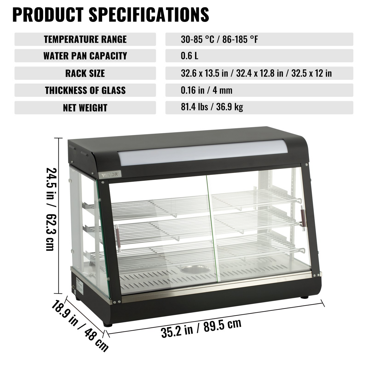 VEVOR Commercial Food Warmer Display, 3 Tiers, 1800W Pizza Warmer w/ 3D Heating 3-Color Lighting Bottom Fan, Countertop Pastry Warmer w/Temp Knob Display 0.6L Water Tray, Stainless Frame Glass Doors