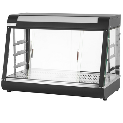 VEVOR Commercial Food Warmer Display, 3 Tiers, 1800W Pizza Warmer w/ 3D Heating 3-Color Lighting Bottom Fan, Countertop Pastry Warmer w/Temp Knob Display 0.6L Water Tray, Stainless Frame Glass Doors