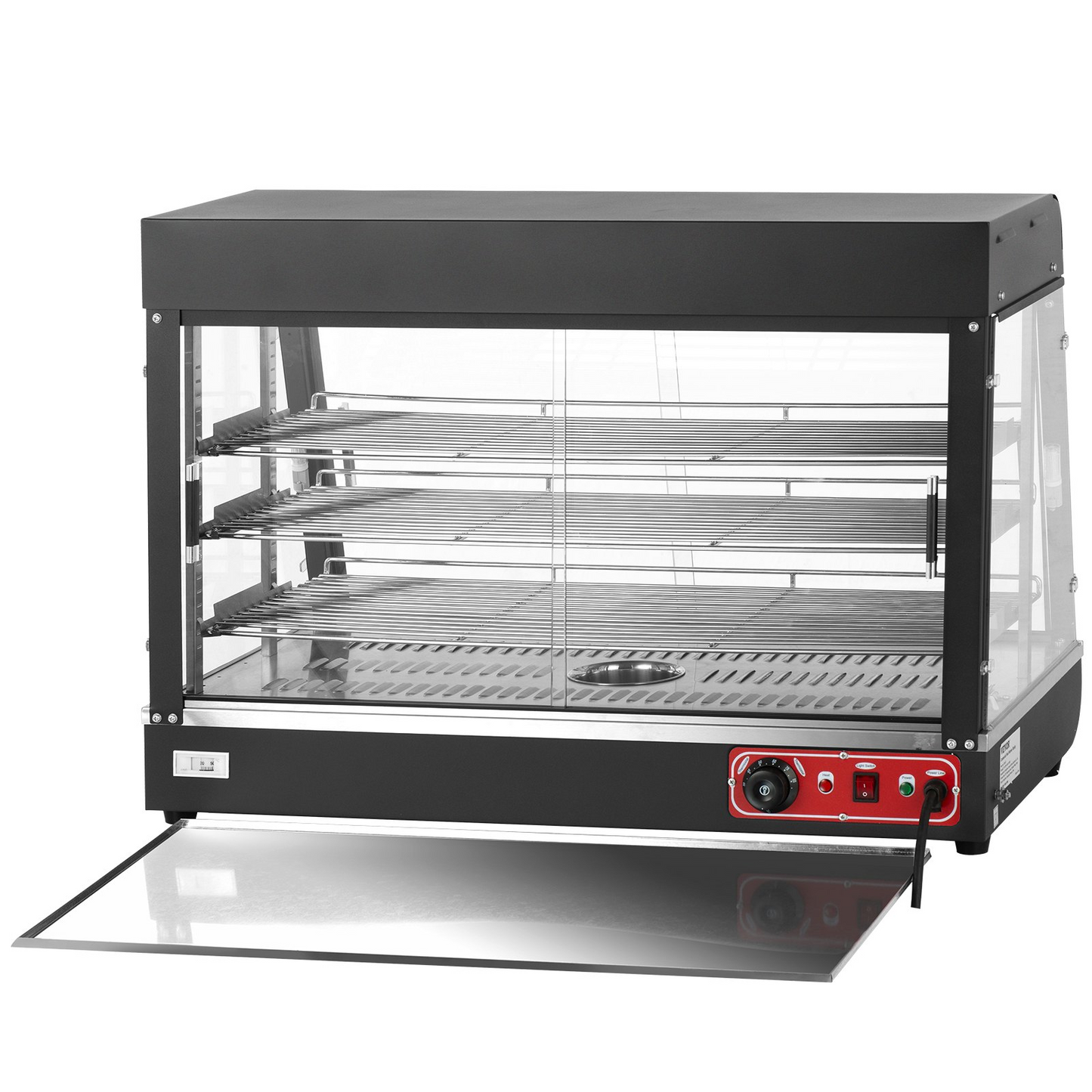 VEVOR Commercial Food Warmer Display, 3 Tiers, 1800W Pizza Warmer w/ 3D Heating 3-Color Lighting Bottom Fan, Countertop Pastry Warmer w/Temp Knob Display 0.6L Water Tray, Stainless Frame Glass Doors