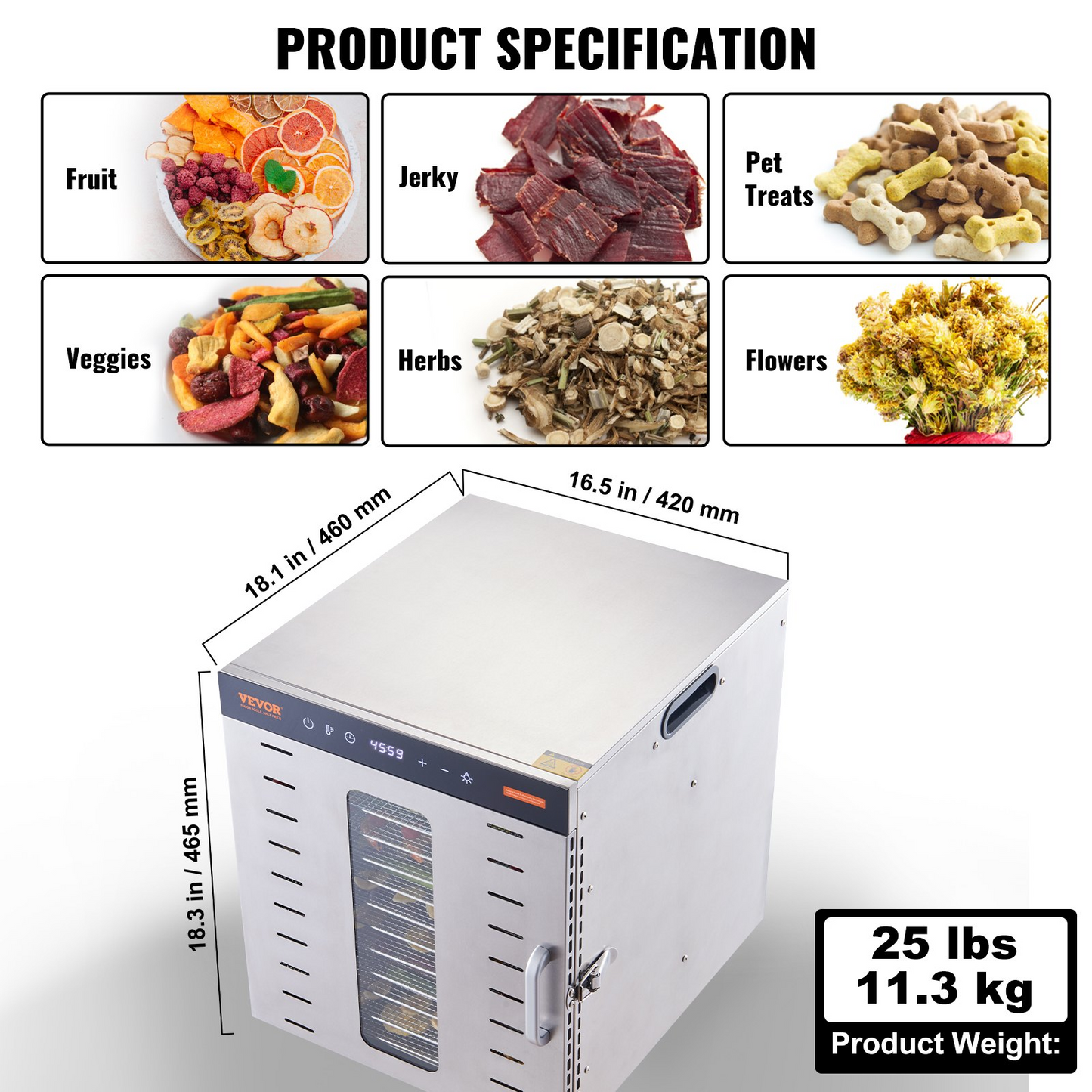 VEVOR Food Dehydrator Machine, 10 Stainless Steel Trays, 1000W Electric Food Dryer with Digital Adjustable Timer & Temperature for Jerky, Herb, Meat, Beef, Fruit, Dog Treats and Vegetables