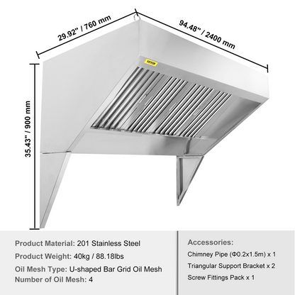 VEVOR Commercial Exhaust Hood, 8FT Food Truck Hood Exhaust, 201 Stainless Steel Concession Trailer Hood with 4 Detachable U-shaped Grid Oil Filter Mesh, Rust Resistant Vent Hood for Kitchen Restaurant