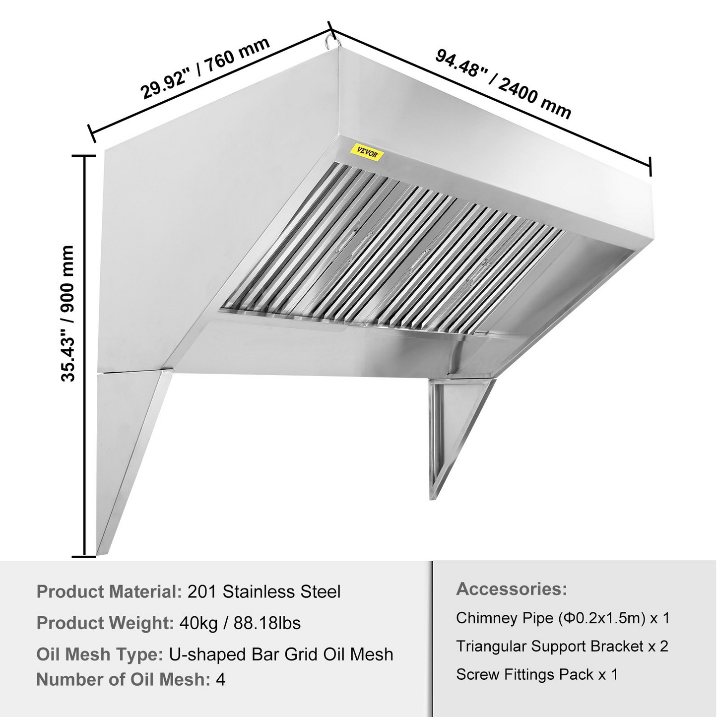 VEVOR Commercial Exhaust Hood, 8FT Food Truck Hood Exhaust, 201 Stainless Steel Concession Trailer Hood with 4 Detachable U-shaped Grid Oil Filter Mesh, Rust Resistant Vent Hood for Kitchen Restaurant