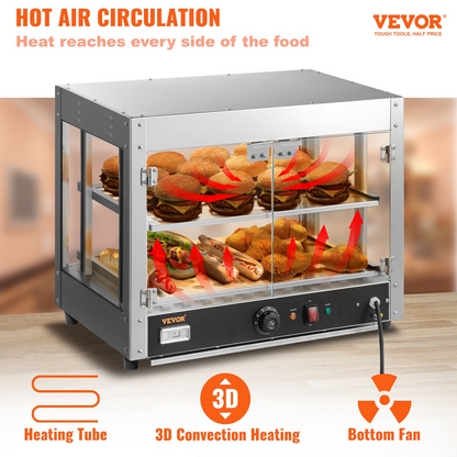 VEVOR 2-Tier Commercial Food Warmer Countertop Pizza Cabinet with Water Tray