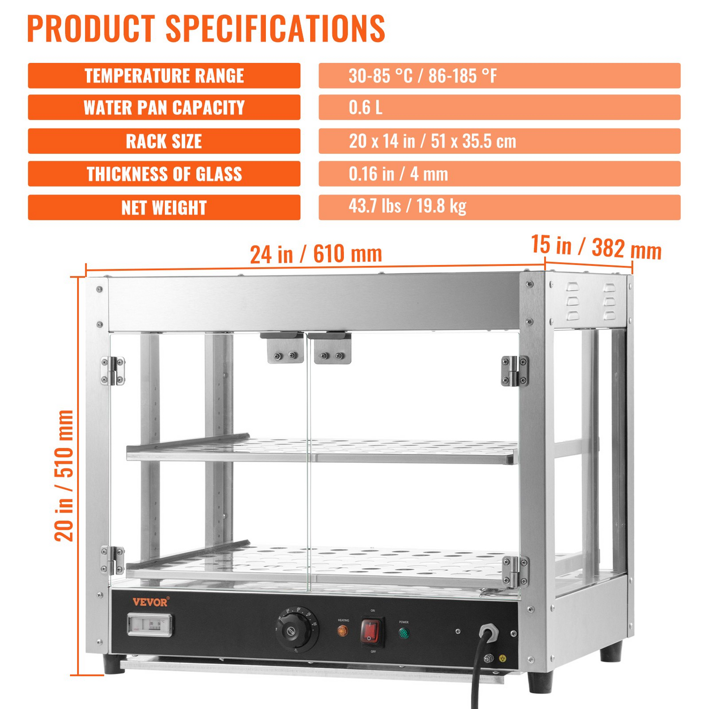 VEVOR 2-Tier Commercial Food Warmer Countertop Pizza Cabinet with Water Tray