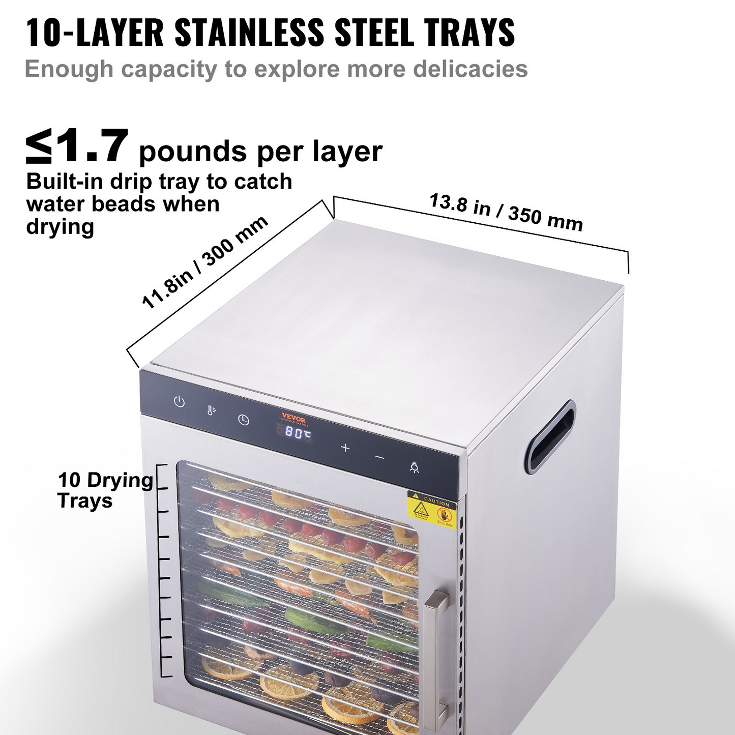 VEVOR Electric Food Dehydrator Machine, 800W Electric Food Dryer, 10 Stainless Steel Trays, with Digital Adjustable Timer & Temperature for Jerky, Herb, Meat, Beef, Fruit, Dog Treats and Vegetables