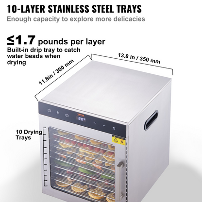 VEVOR Electric Food Dehydrator Machine, 800W Electric Food Dryer, 10 Stainless Steel Trays, with Digital Adjustable Timer & Temperature for Jerky, Herb, Meat, Beef, Fruit, Dog Treats and Vegetables