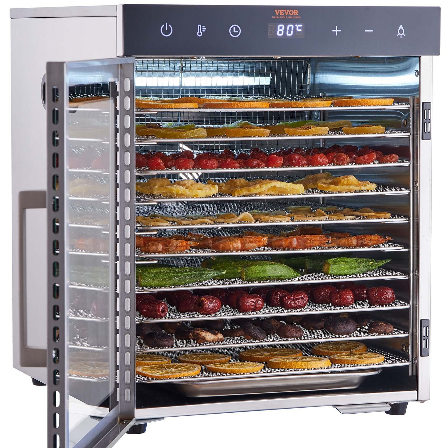 VEVOR Electric Food Dehydrator Machine, 800W Electric Food Dryer, 10 Stainless Steel Trays, with Digital Adjustable Timer & Temperature for Jerky, Herb, Meat, Beef, Fruit, Dog Treats and Vegetables