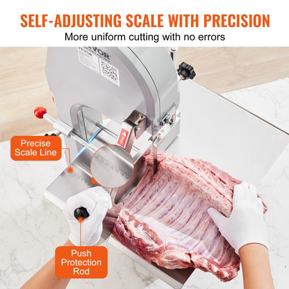 VEVOR Commercial Electric Meat Bandsaw, 1500W Stainless Steel Countertop Bone Sawing Machine, Workbeach 19.3" x 15", 0.16-7.9 Inch Cutting Thickness, Frozen Meat Cutter with 6 Blades for Rib Pork Beef