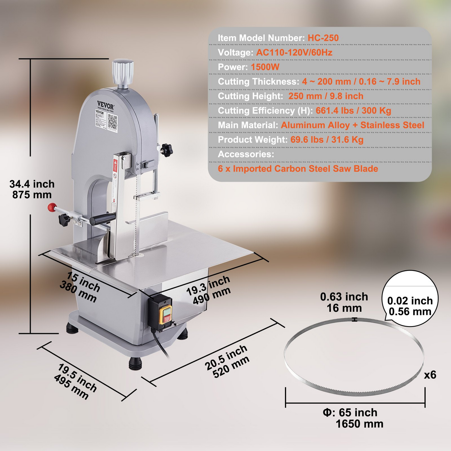 VEVOR Commercial Electric Meat Bandsaw, 1500W Stainless Steel Countertop Bone Sawing Machine, Workbeach 19.3" x 15", 0.16-7.9 Inch Cutting Thickness, Frozen Meat Cutter with 6 Blades for Rib Pork Beef