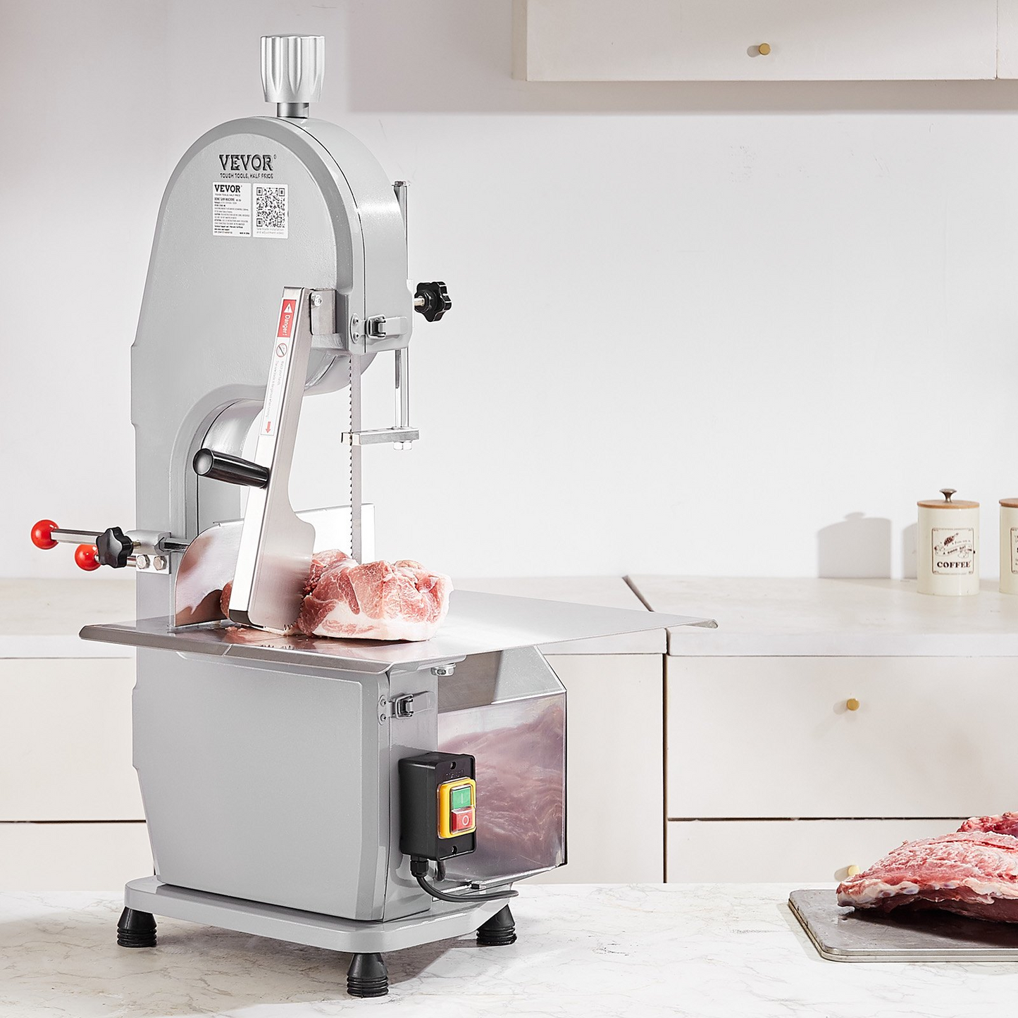 VEVOR Commercial Electric Meat Bandsaw, 1500W Stainless Steel Countertop Bone Sawing Machine, Workbeach 19.3" x 15", 0.16-7.9 Inch Cutting Thickness, Frozen Meat Cutter with 6 Blades for Rib Pork Beef