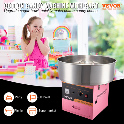 VEVOR Electric Cotton Candy Machine, 1000W Candy Floss Maker, Commercial Cotton Candy Machine with Stainless Steel Bowl, Sugar Scoop, and Drawer, Perfect for Home Kids Birthday, Family Party Pink