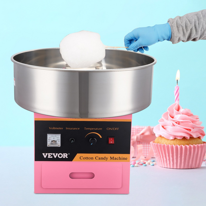 VEVOR Electric Cotton Candy Machine, 1000W Candy Floss Maker, Commercial Cotton Candy Machine with Stainless Steel Bowl, Sugar Scoop, and Drawer, Perfect for Home Kids Birthday, Family Party Pink