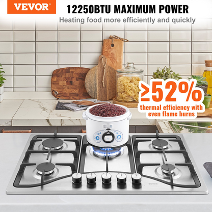 VEVOR Gas Cooktop 30 inch, Max 12250BTU 5 Burners Built-in Stainless Steel Gas Stove Top, LPG/NG Convertible Dual Fuel Natural Gas Hob with Thermocouple Protection