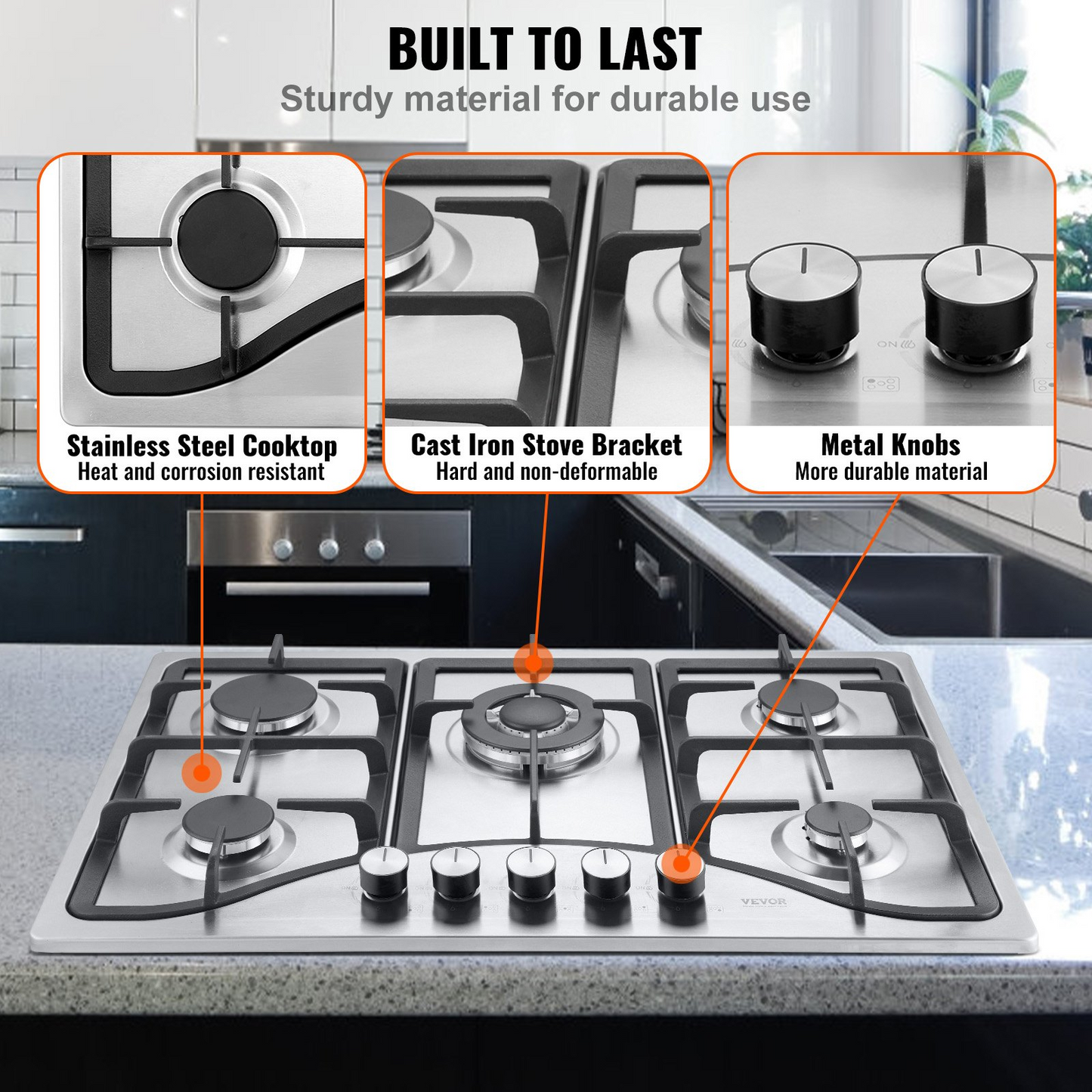 VEVOR Gas Cooktop 30 inch, Max 12250BTU 5 Burners Built-in Stainless Steel Gas Stove Top, LPG/NG Convertible Dual Fuel Natural Gas Hob with Thermocouple Protection