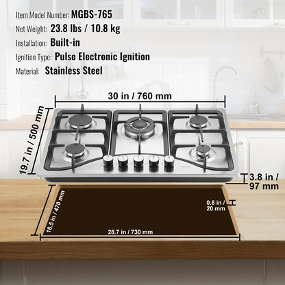 VEVOR Gas Cooktop 30 inch, Max 12250BTU 5 Burners Built-in Stainless Steel Gas Stove Top, LPG/NG Convertible Dual Fuel Natural Gas Hob with Thermocouple Protection