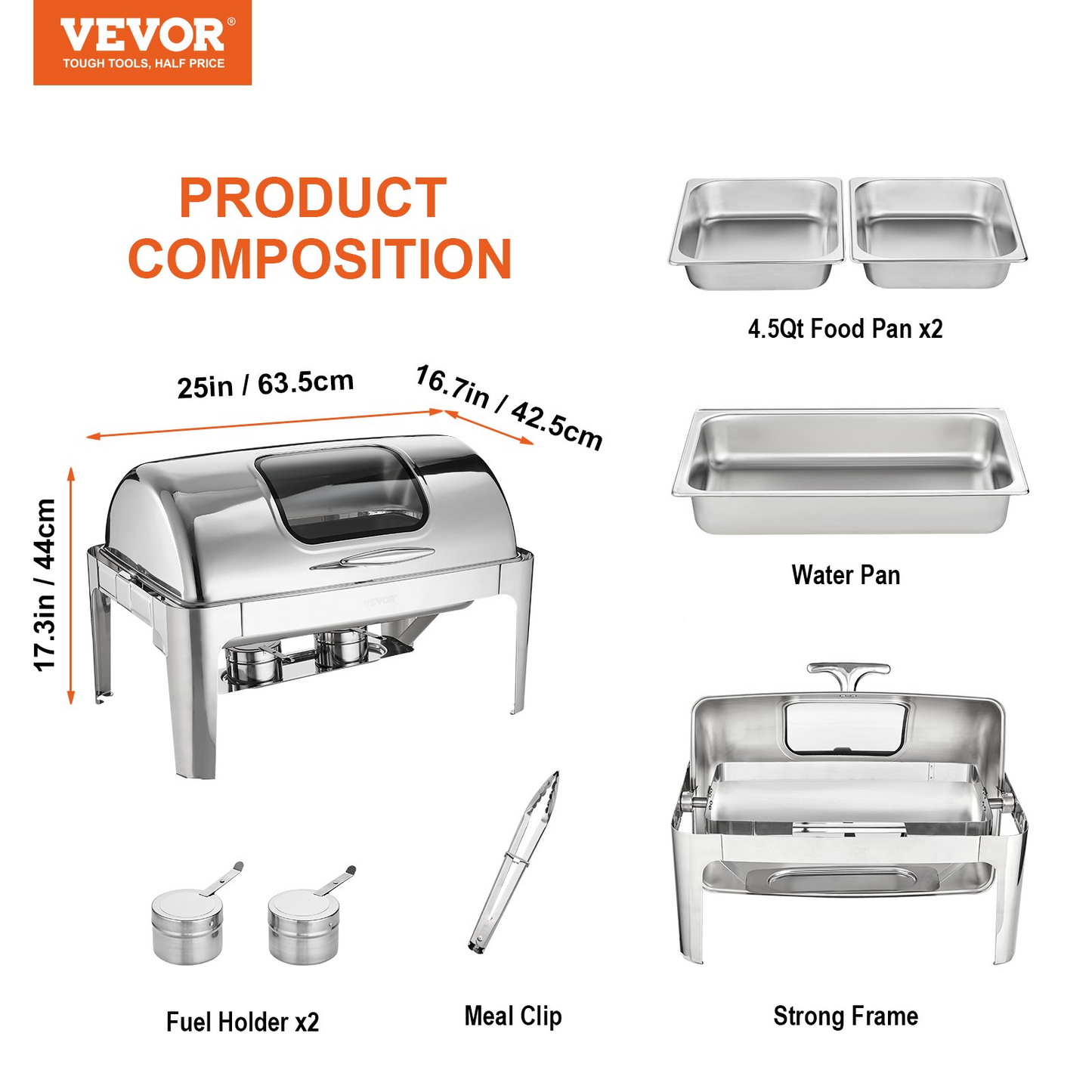 VEVOR Rectangle Roll Top Chafing Dish with 9Qt Pan Visual Glass Lid Fuel Holder