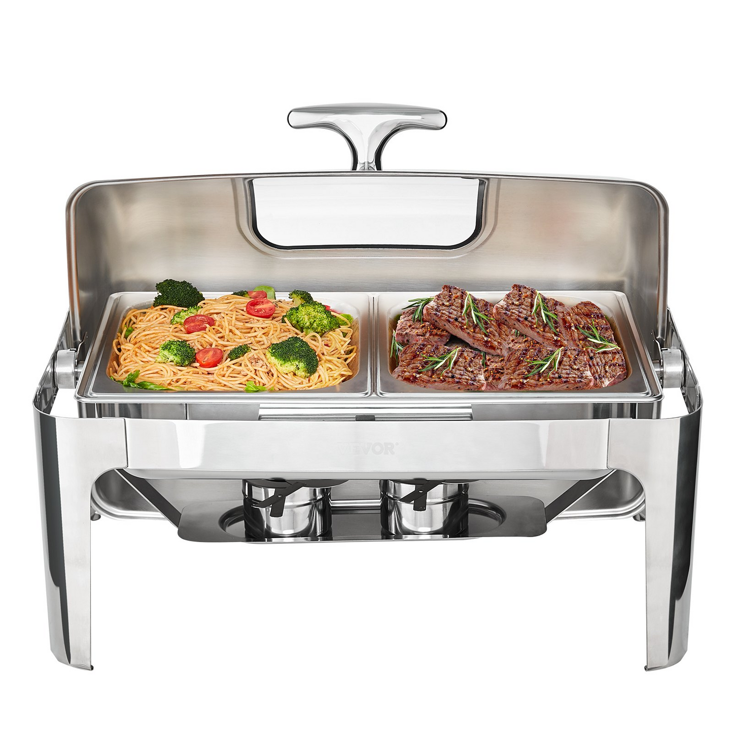 VEVOR Rectangle Roll Top Chafing Dish with 9Qt Pan Visual Glass Lid Fuel Holder