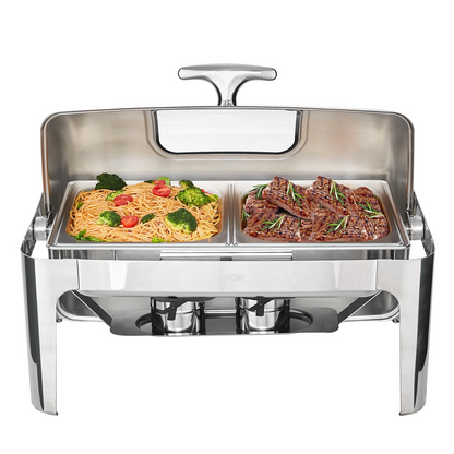 VEVOR Rectangle Roll Top Chafing Dish with 9Qt Pan Visual Glass Lid Fuel Holder