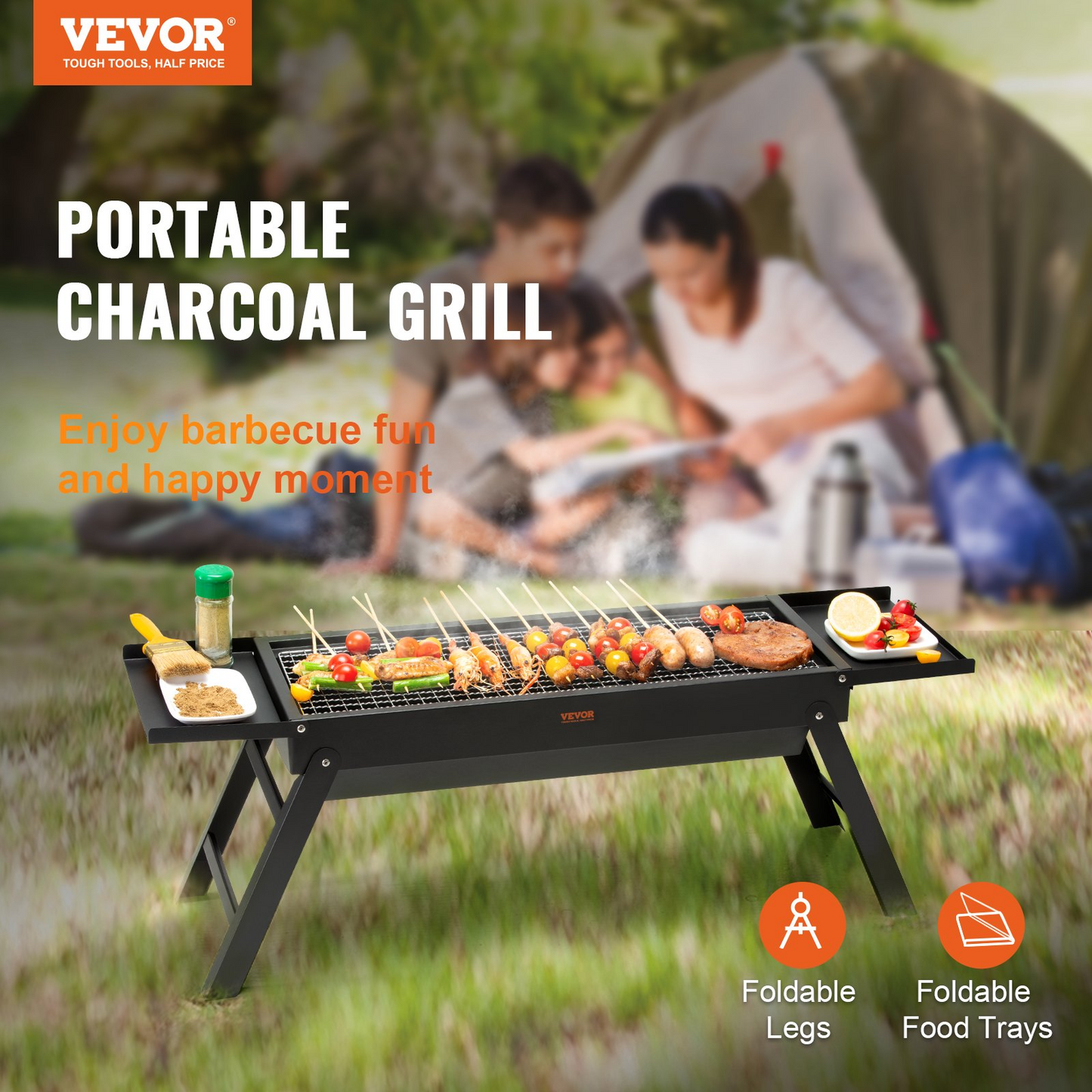 VEVOR 23 inch Portable Charcoal Grill, Compact Foldable Grill, Heavy Duty Steel BBQ Grill, Mini Smoker for Travel, Outdoor Cooking, Barbecue Camping, Picnic, Patio Black