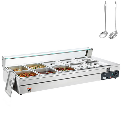 VEVOR 10-Pan Commercial Food Warmer, 10 x 12QT Electric Steam Table with Tempered Glass Cover, 1800W Countertop Stainless Steel Buffet Bain Marie 86-185°F Temp Control for Catering, Restaurant, Silver