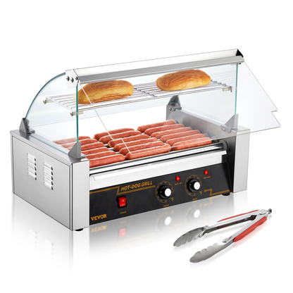 VEVOR Hot Dog Roller 7 Rollers 18 Hot Dogs Capacity 1050W Stainless Sausage Grill Cooker Machine with Dual Temp Control Glass Hood Acrylic Cover Bun Warmer Shelf Removable Oil Drip Tray, ETL Certified