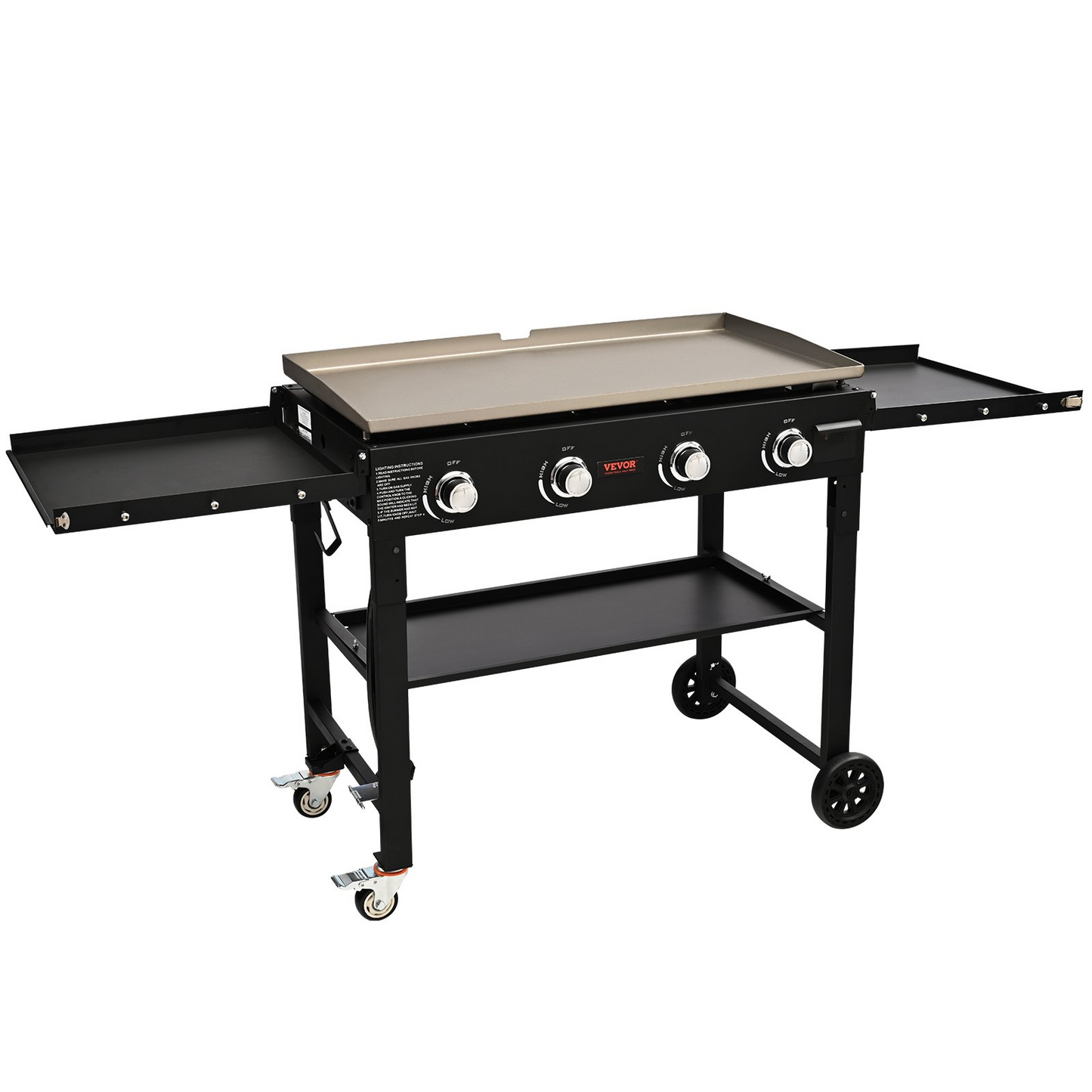 VEVOR Commercial Griddle on Cart, 36" Heavy Duty Manual Flat Top Griddle, Outdoor Cooking Station with Side Shelves, Steel LPG Gas Griddle, 4-Burners Restaurant Portable Grill -  60,000 BTU