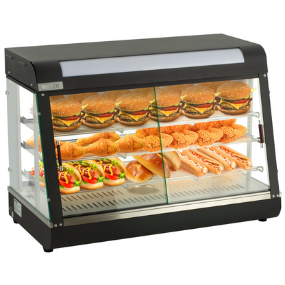 VEVOR Commercial Food Warmer Display, 3 Tiers, 1800W Pizza Warmer w/ 3D Heating 3-Color Lighting Bottom Fan, Countertop Pastry Warmer w/Temp Knob Display 0.6L Water Tray, Stainless Frame Glass Doors