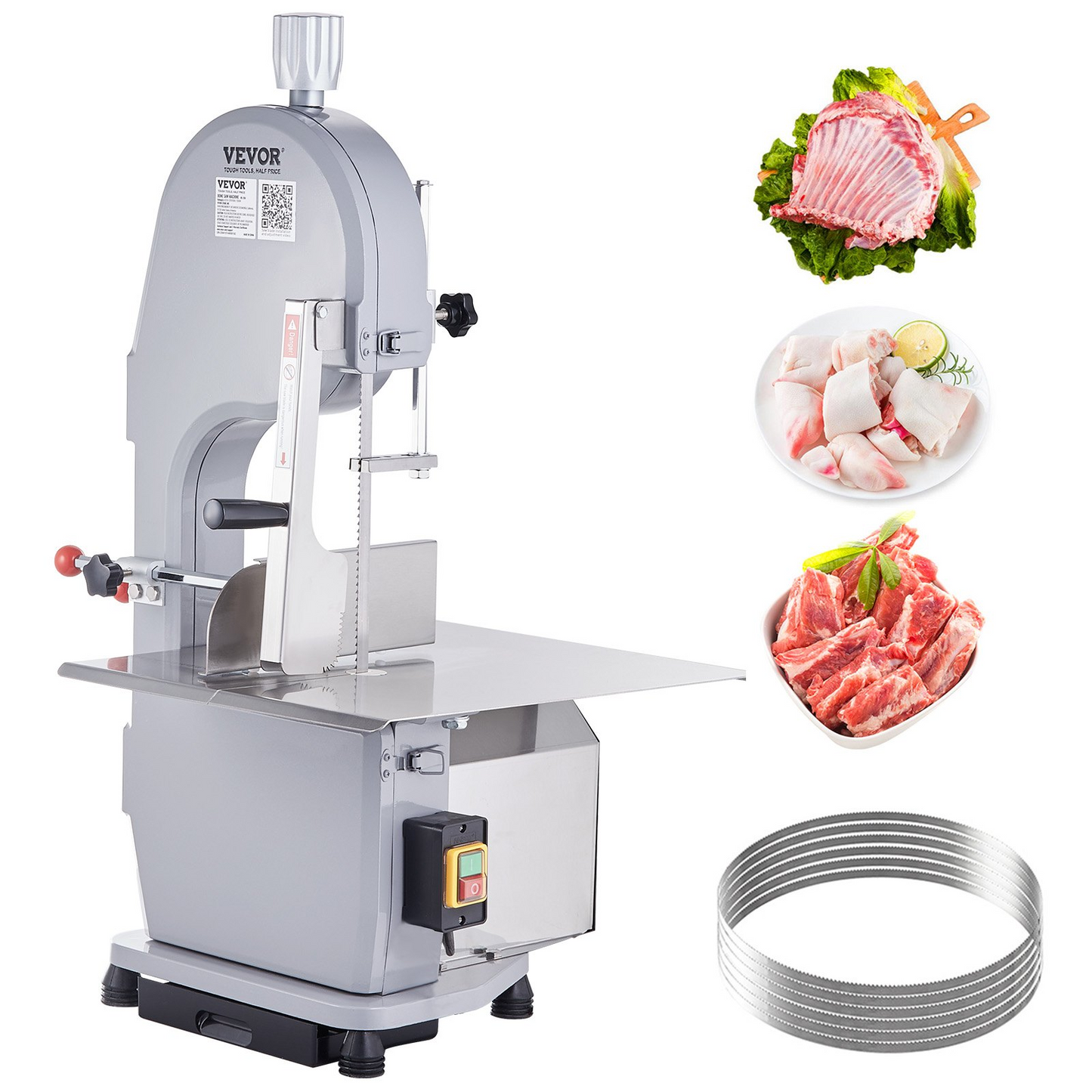 VEVOR Commercial Electric Meat Bandsaw, 1500W Stainless Steel Countertop Bone Sawing Machine, Workbeach 19.3" x 15", 0.16-7.9 Inch Cutting Thickness, Frozen Meat Cutter with 6 Blades for Rib Pork Beef