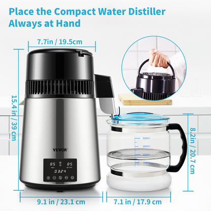 VEVOR 1.1Gal Water Distiller, 0.3Gal/H, 750W Distilled Water Maker Machine 0-99H Timing Dual Temp Display, 304 Stainless Steel Countertop Distiller Glass Carafe Cleaning Powder 3 Carbon Packs, Silver