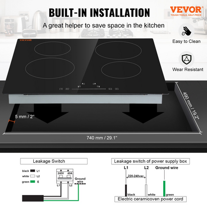 VEVOR Built in Electric Stove Top, 23.2 x 20.5 inch 4 Burners, 240V Glass Radiant Cooktop with Sensor Touch Control, Timer & Child Lock Included, 9 Power Levels for Simmer Steam Slow Cook Fry