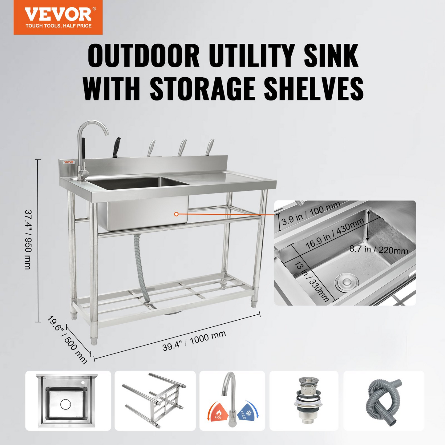 VEVOR Stainless Steel Utility Sink, 1 Compartment Free Standing Small Sink w/Workbench Faucet & legs, 39.4 x 19.1 x 37.4 in Commercial Single Bowl Sinks for Garage, Restaurant, Laundry, NSF Certified