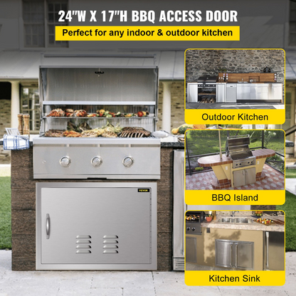 VEVOR BBQ Access Door 24 x 17 Inch Horizontal Island Door with Vents Stainless Steel Single Access Door Flush Mount Outdoor Kitchen