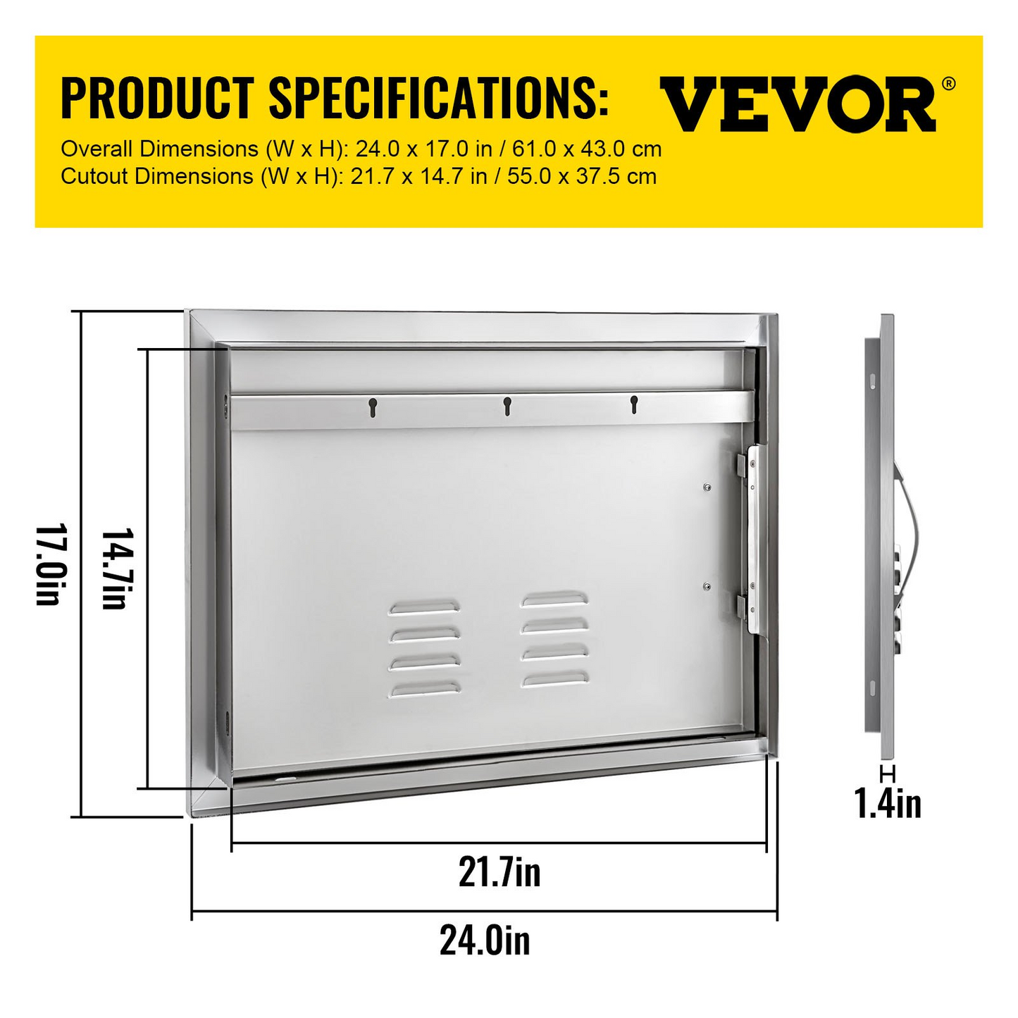 VEVOR BBQ Access Door 24 x 17 Inch Horizontal Island Door with Vents Stainless Steel Single Access Door Flush Mount Outdoor Kitchen