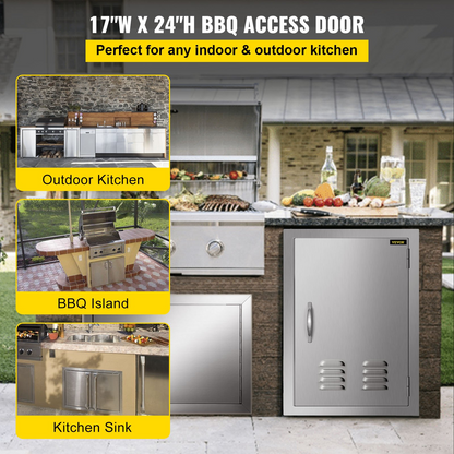 VEVOR BBQ Access Door 17 x 24 Inch Vertical Island Door with Vents Stainless Steel Single Access Door Flush Mount Outdoor Kitchen