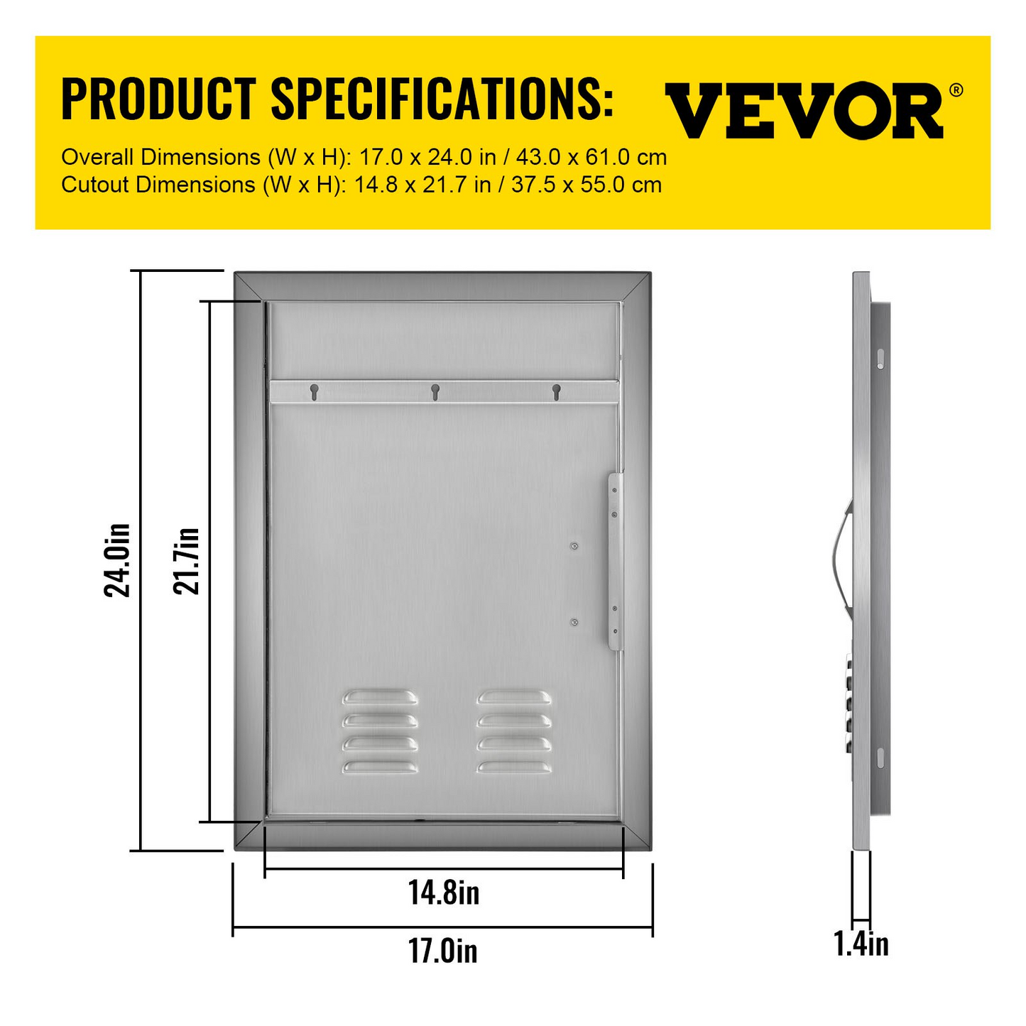 VEVOR BBQ Access Door 17 x 24 Inch Vertical Island Door with Vents Stainless Steel Single Access Door Flush Mount Outdoor Kitchen