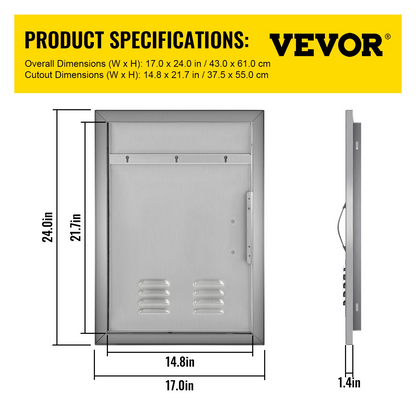 VEVOR BBQ Access Door 17 x 24 Inch Vertical Island Door with Vents Stainless Steel Single Access Door Flush Mount Outdoor Kitchen