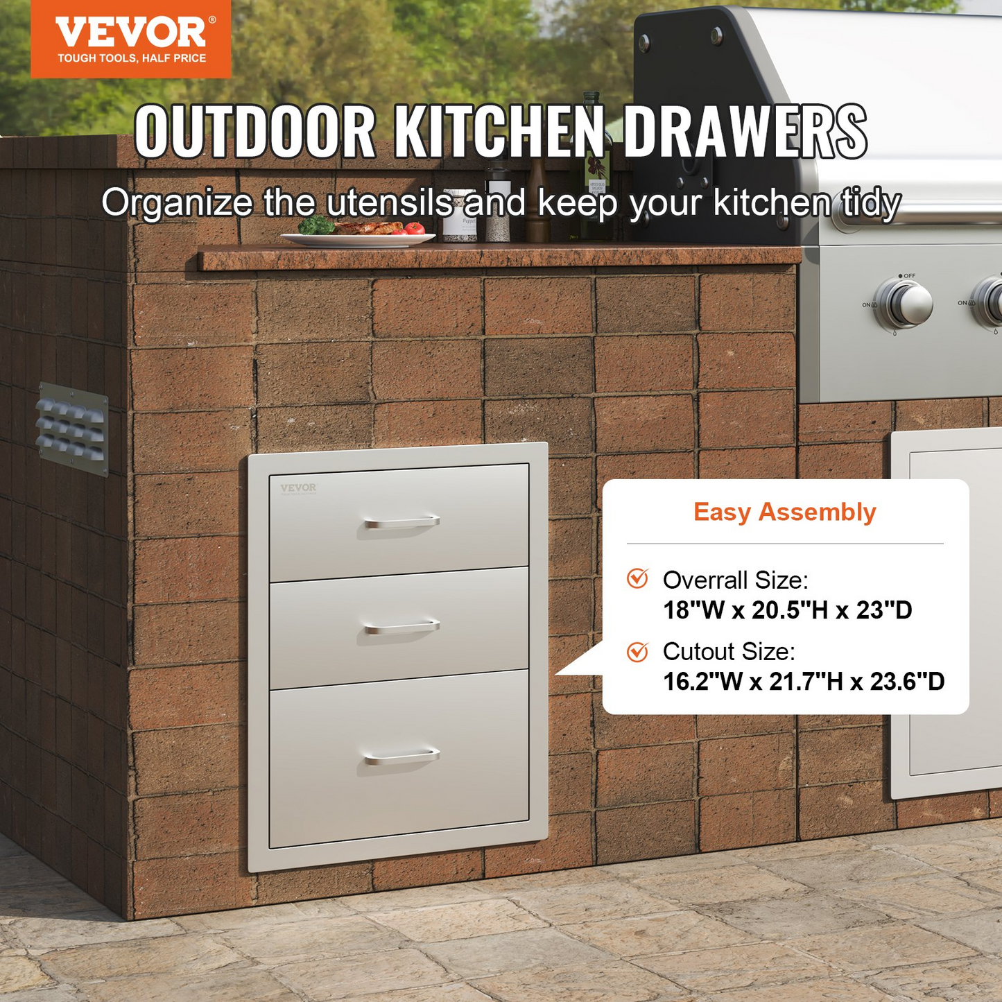 VEVOR 18x20.5 Inch Outdoor Kitchen Stainless Steel Triple Access BBQ Drawers with Chrome Handle, 18 x20.5 x 23 Inch