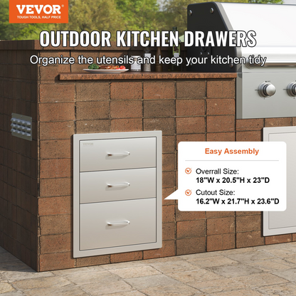 VEVOR 18x20.5 Inch Outdoor Kitchen Stainless Steel Triple Access BBQ Drawers with Chrome Handle, 18 x20.5 x 23 Inch