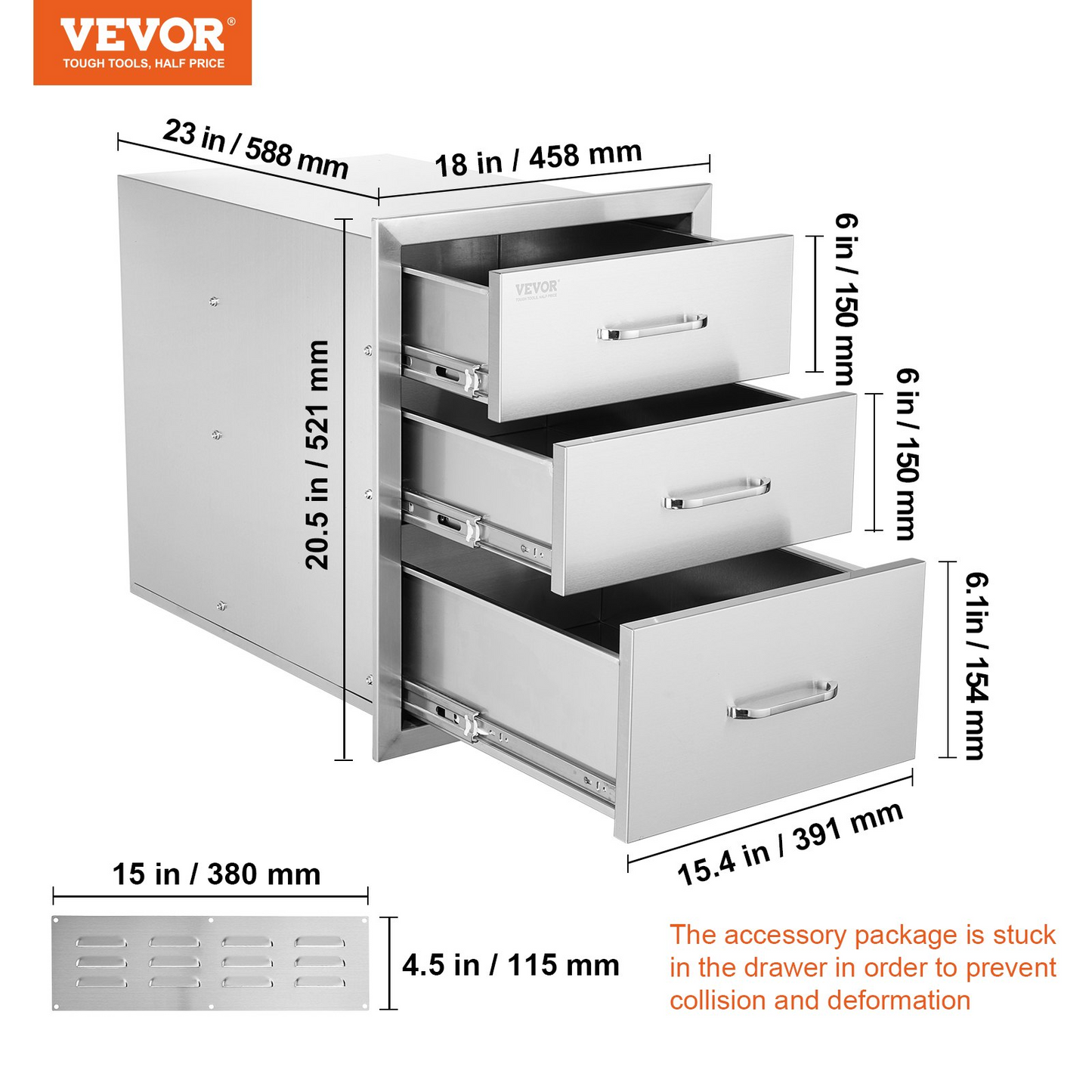 VEVOR 18x20.5 Inch Outdoor Kitchen Stainless Steel Triple Access BBQ Drawers with Chrome Handle, 18 x20.5 x 23 Inch