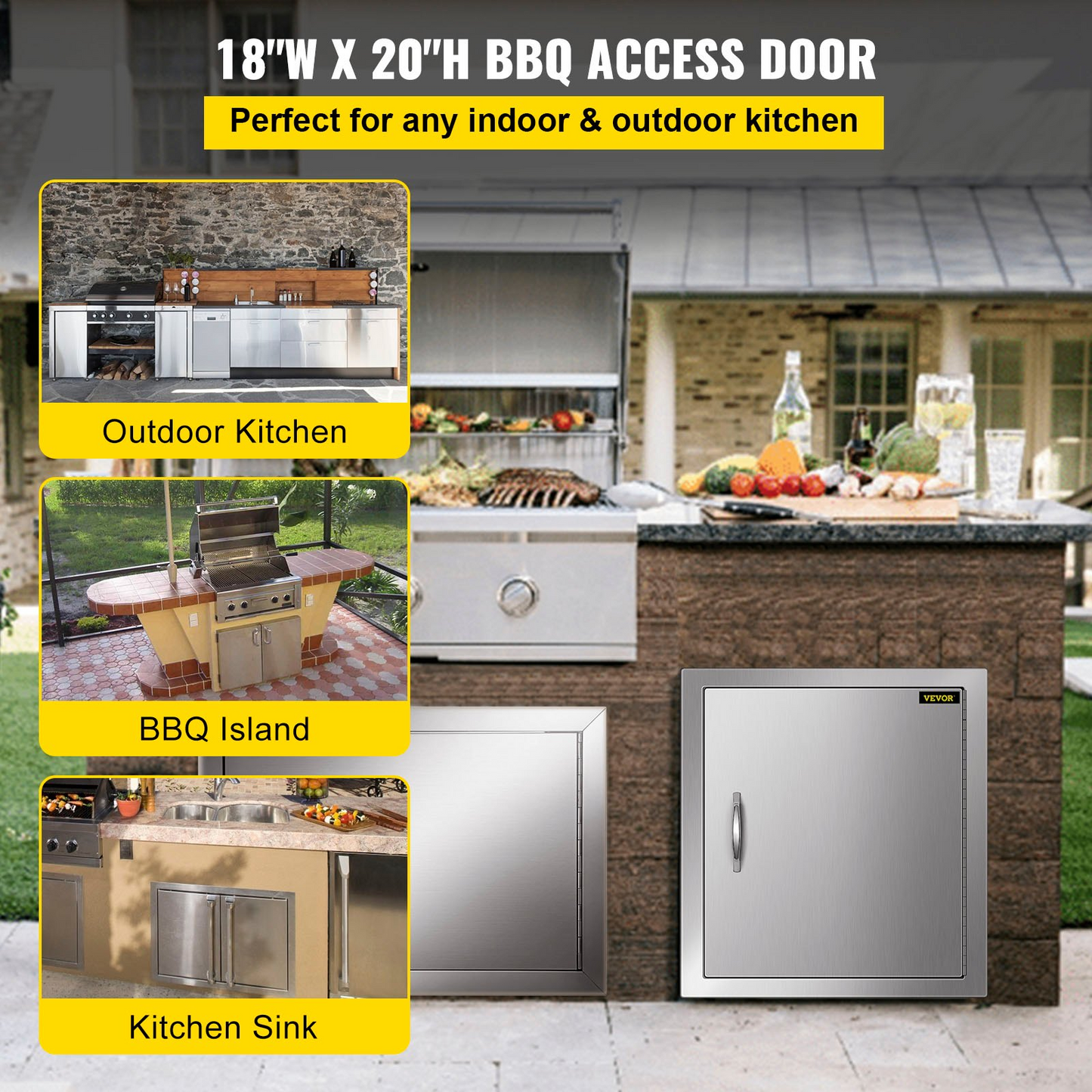 VEVOR BBQ Access Door 18W x 20H Inch, Vertical Single BBQ Door Stainless Steel, Outdoor Kitchen Doors for BBQ Island, Grill Station, Outside Cabinet