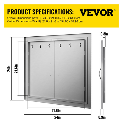 VEVOR BBQ Access Door 24W x 24H Inch, Grill Door Double Door Brushed Stainless Steel, Outdoor Kitchen Doors for BBQ Island Grilling Station