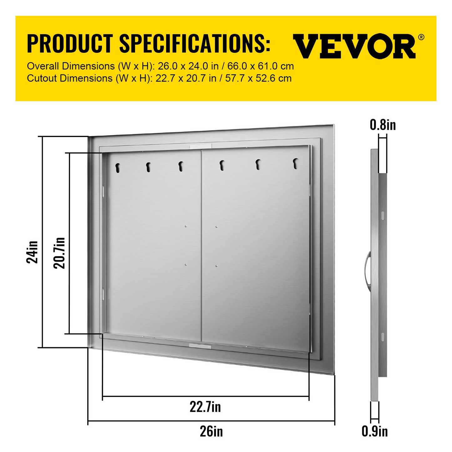 VEVOR Outdoor Kitchen Access 26"x 24" Wall Construction Stainless Steel Flush Mount for BBQ Island, 26inch x 24inch, Double Door