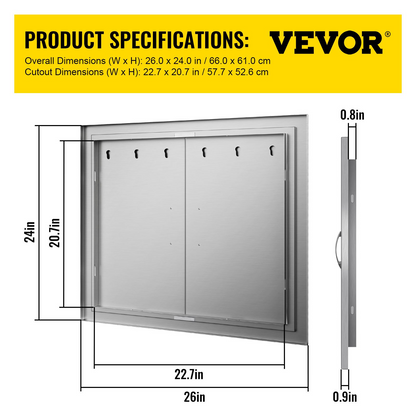 VEVOR Outdoor Kitchen Access 26"x 24" Wall Construction Stainless Steel Flush Mount for BBQ Island, 26inch x 24inch, Double Door