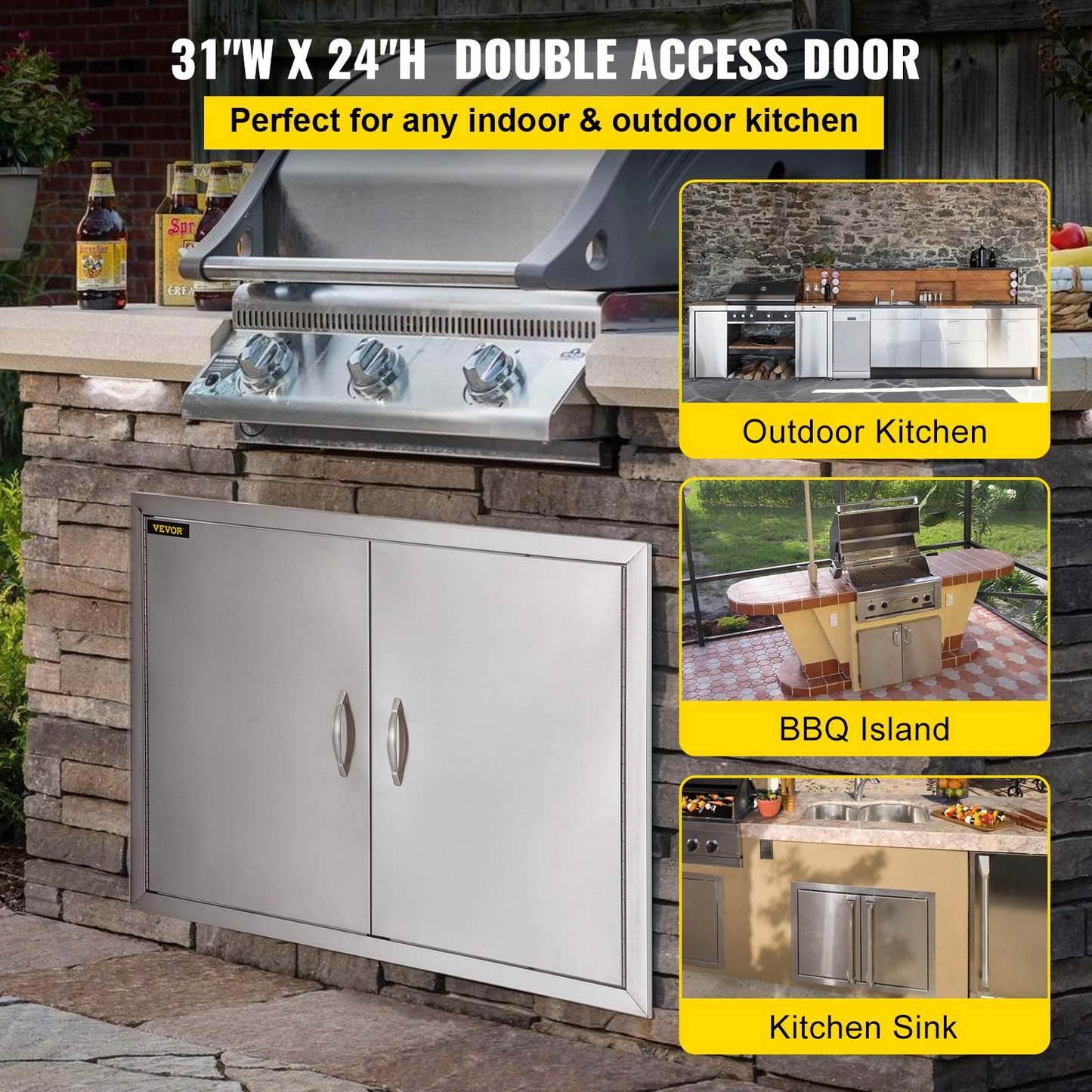 VEVOR BBQ Double Access Door 31W x 24H Inch, BBQ Door Stainless Steel Wall Construction Vertical, Outdoor Kitchen Door for BBQ Island, Grilling Station, Outside Cabinet Door (Interior Shelves Not Included)