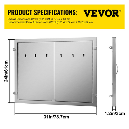 VEVOR BBQ Double Access Door 31W x 24H Inch, BBQ Door Stainless Steel Wall Construction Vertical, Outdoor Kitchen Door for BBQ Island, Grilling Station, Outside Cabinet Door (Interior Shelves Not Included)