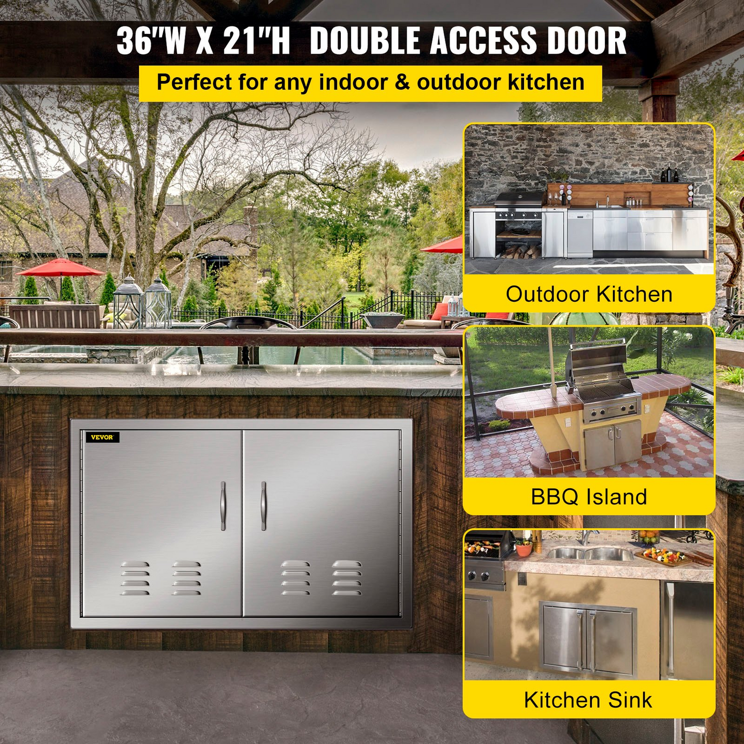 VEVOR BBQ Island Door 36 x 21 Beveled Frame Vented Double Access Door Stainless Stainless Steel for Outdoor Kitchen